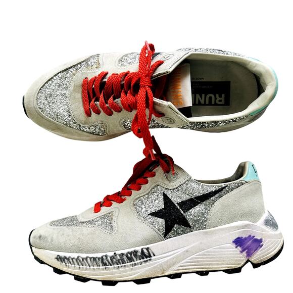 Golden Goose Quincy Running Sneakers Glitter Silver Size 38 Red Lace Italy - Picture 1 of 15